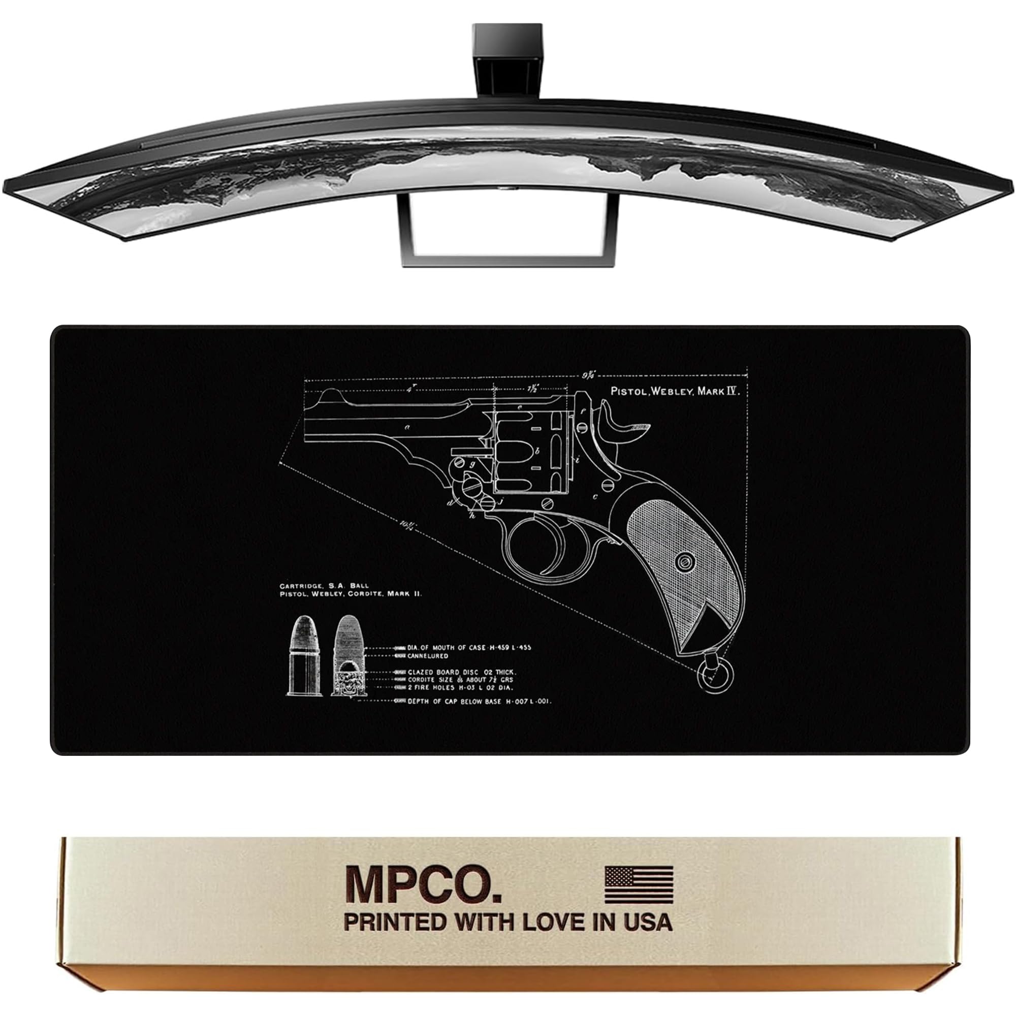 MPCO. Original große Gaming-Schreibtischunterlage, 91,4 x 43,2 cm, Duraglyde Blueprints Pistole Webly Mark IV, schwarzes komplettes Schreibtisch-Mauspad für reibungslose Präzision, rutschfest