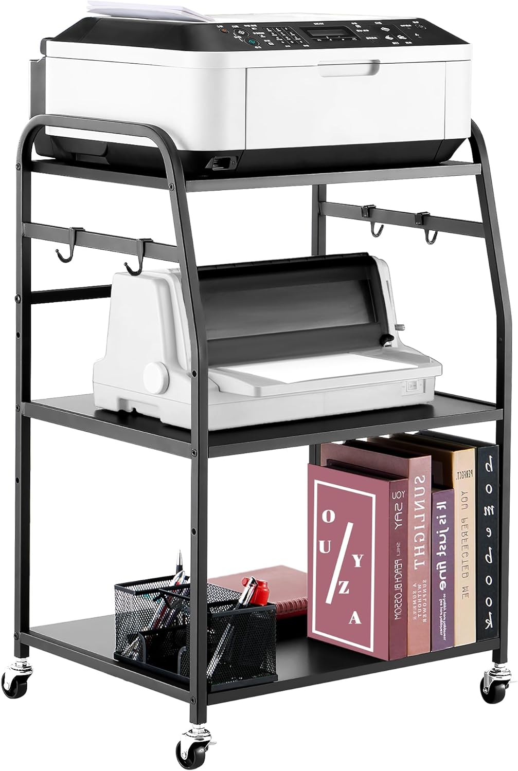 Printer Stand - Large 3 Tier Printer Table with Adjustable Storage Shelf - Rolling Printer Cart with Wheels -Stable Desk for Printer Home Office Use (Black)