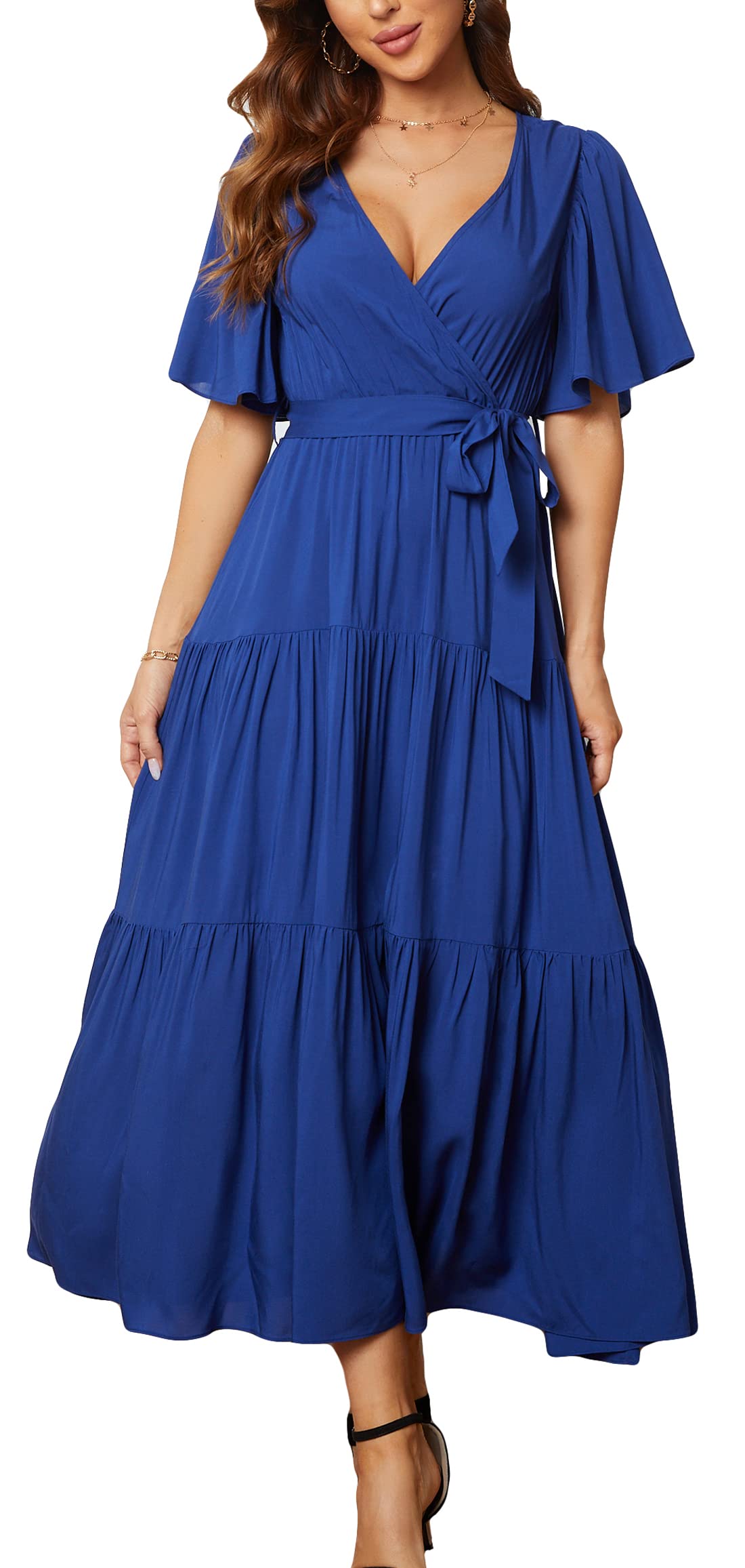 KormeiWomens V Neck Ruffle Short Sleeve Summer Casual A Line Flowy Party Long Maxi Dress