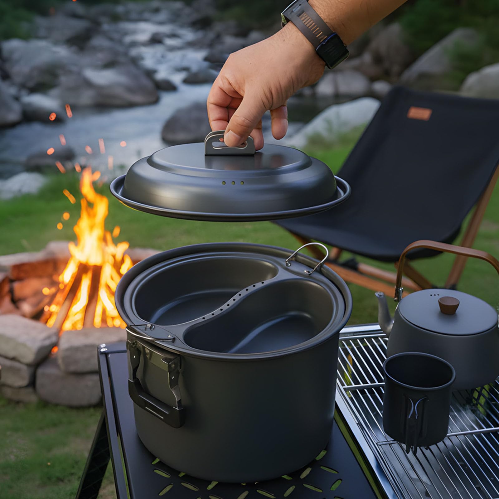 Camping Kochtöpfe, Hartaluminium, Camping Kochgeschirr, Multifunktions Camp Kochgeschirr, leicht, für Camping, Picknicks, Suppe, Outdoor, Suppe, Grillen