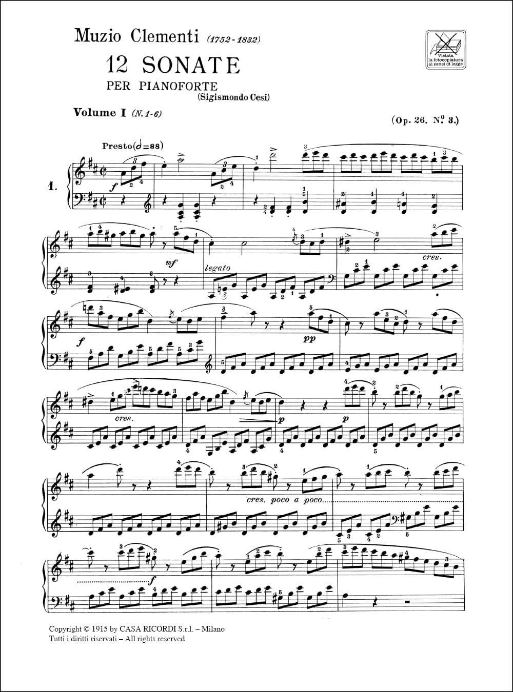 Muzio Clementi - 12 Sonate Volume I Numeri 1-6 per Pianoforte | Edizione a Cura di S Cesi | Partitura per Pianisti Studenti e Insegnanti | Repertorio Classico per Studio ed Esecuzione