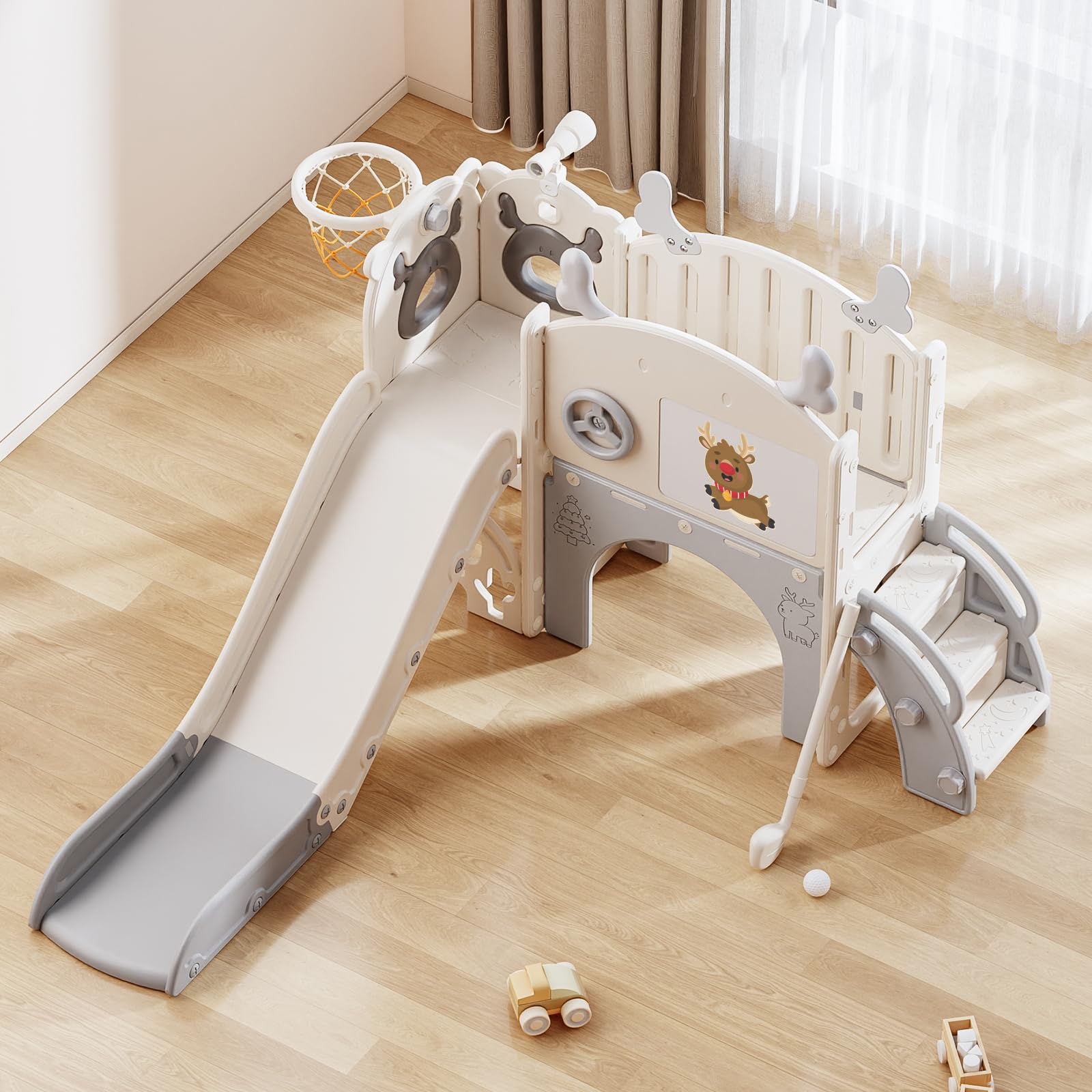 Toboggan pour Tout-Petits sur Le thème de l'élan de Noël de Krovtoy, Toboggan pour Tout-Petits Autonome avec Ensemble de Golf, pour Une Utilisation intérieure/extérieure (Beige Gris- 6 en 1)