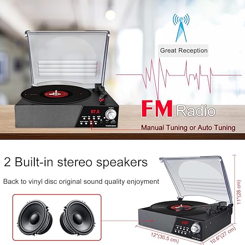 Miniatura 4 de HONGUT Tocadiscos, tocadiscos de vinilo de 3 velocidades con altavoz Bluetooth, reproductor de MP3, reproductor de vinilo LP portátil con radio
