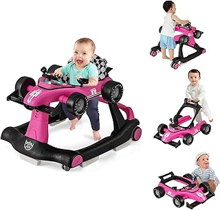 COSTWAY 4 en 1 Andador Bebes, Andador Plegable para Bebes con Altura y Velocidad Regulables, Carillón con Luces, Volante y Asiento con Cojín,Tacata Bebe,Caminador para Bebe de 6-18 Meses (Rosa Oscuro)
