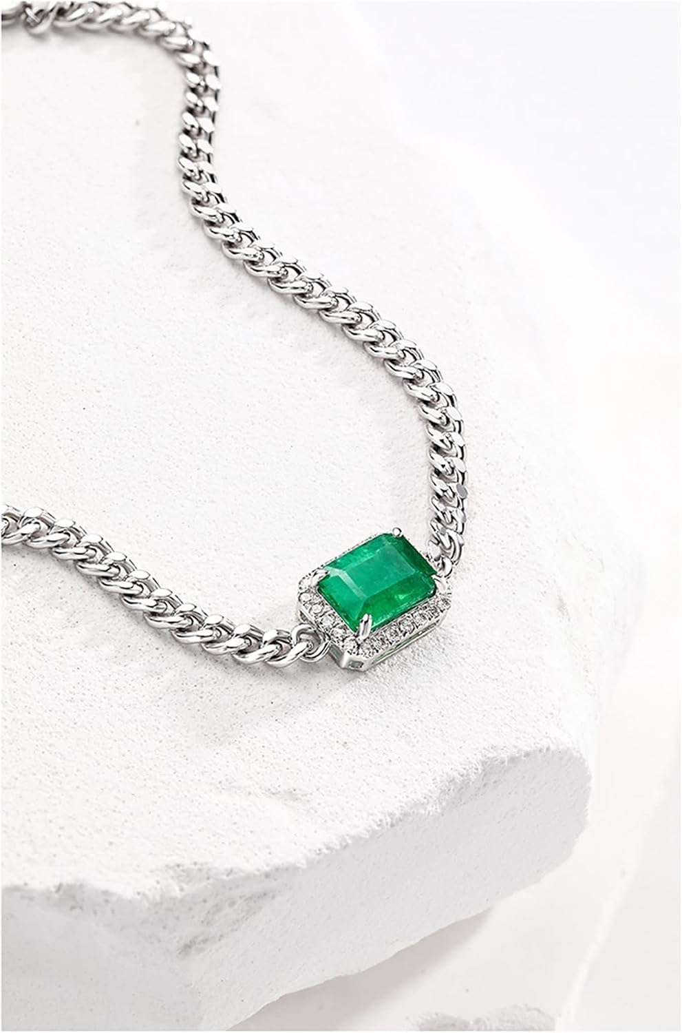 Bracelet White Gold 9K/14K/18K White Gold Curb Chain with 1.4ct Emerald and Diamond, Bracelets for Wedding Party image 5