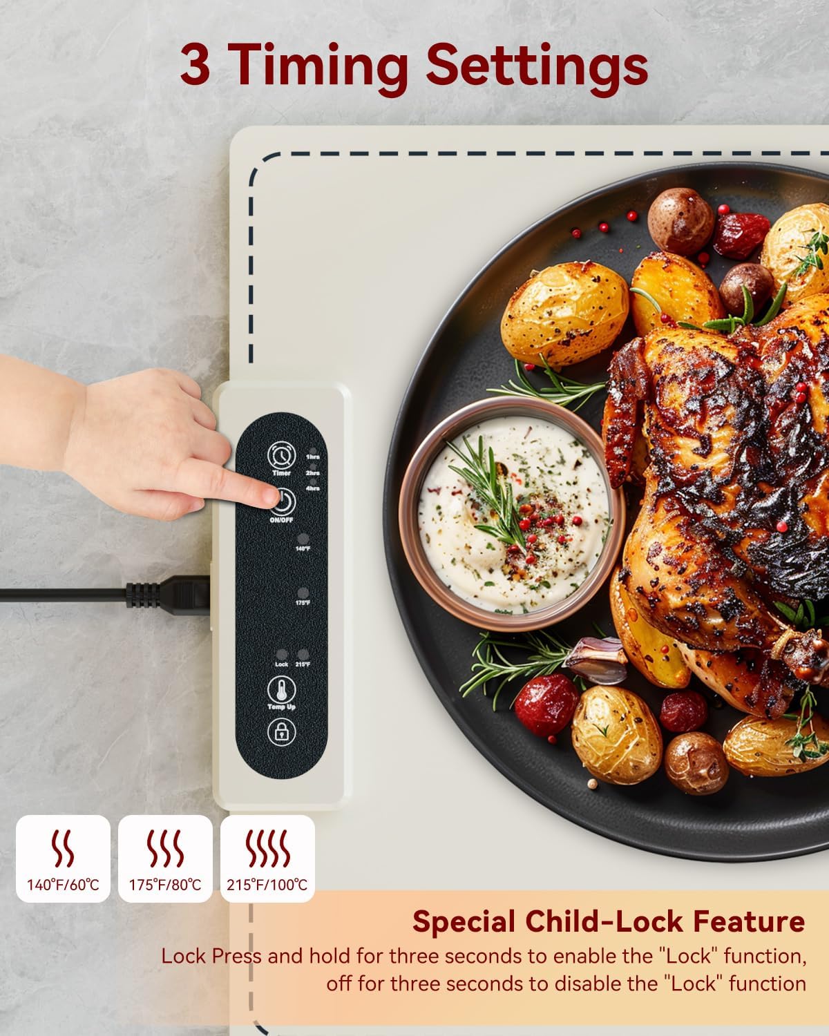 Estera calentadora de alimentos para buffet, bandeja calentadora eléctrica para mantener la comida caliente, calentador de alimentos enrollable y portátil con 3 configuraciones rápidas de temperatura