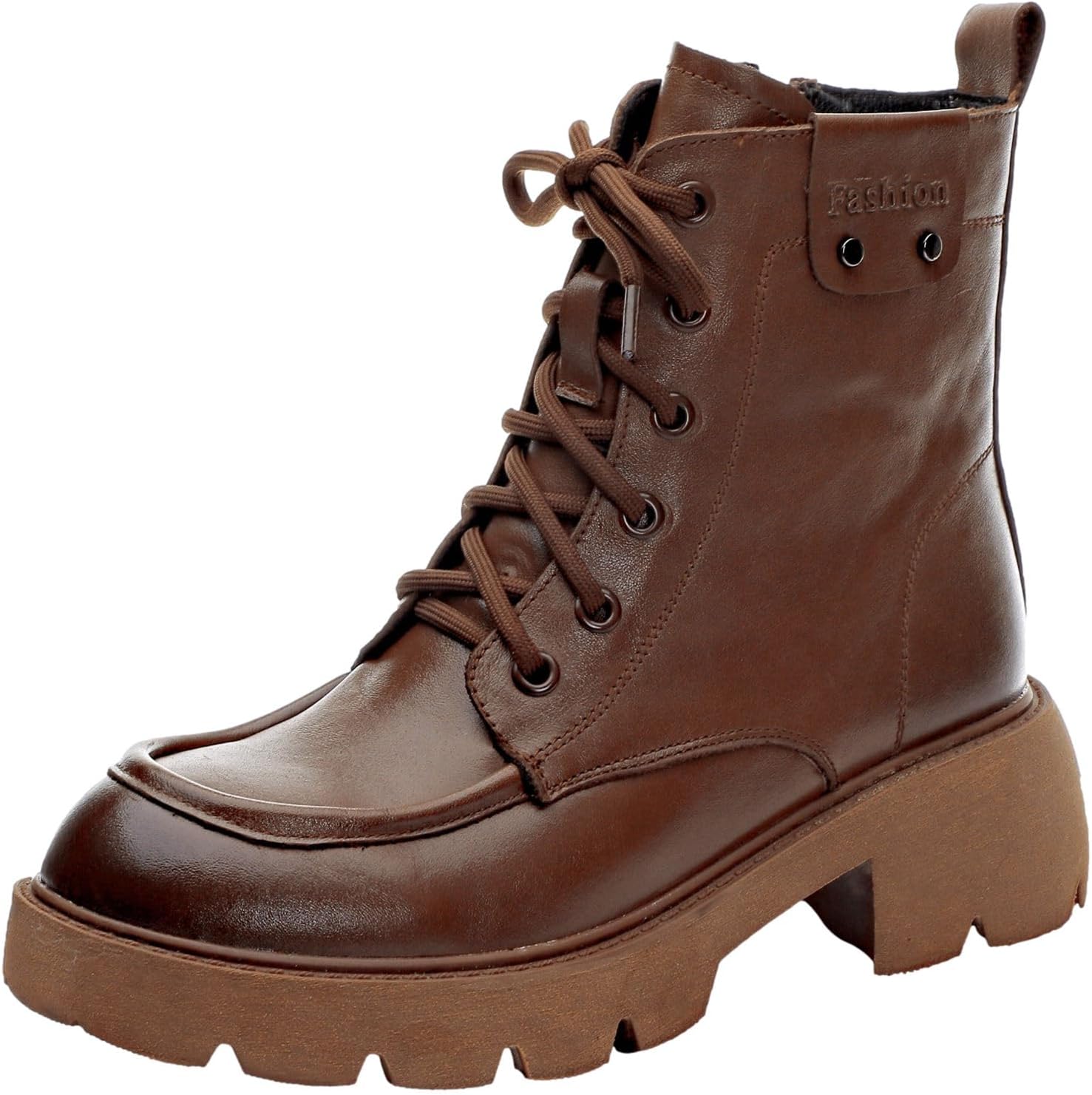 rismart Women's Genuine Leather Combat Boots Platform Chunky Heel Ankle Booties with Side Zip