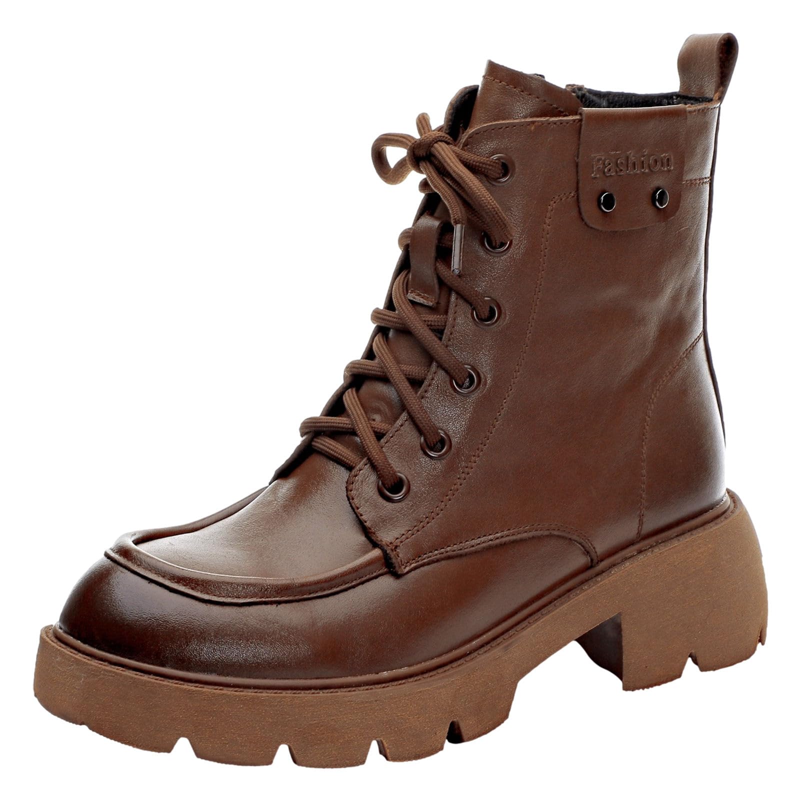 rismart Femmes Lacets Bottines à chevilles avec Zip Talon Grossier Bout Rond Cuir Bottes de Combat