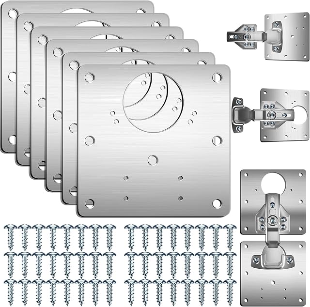 Hinge Repair Plate,6PCS Cabinet Hinge Repair Plate with 54PCS Customized Screws,Stainless Steel Kitchen Cupboard Door Hinge Repair Brackets with Holes