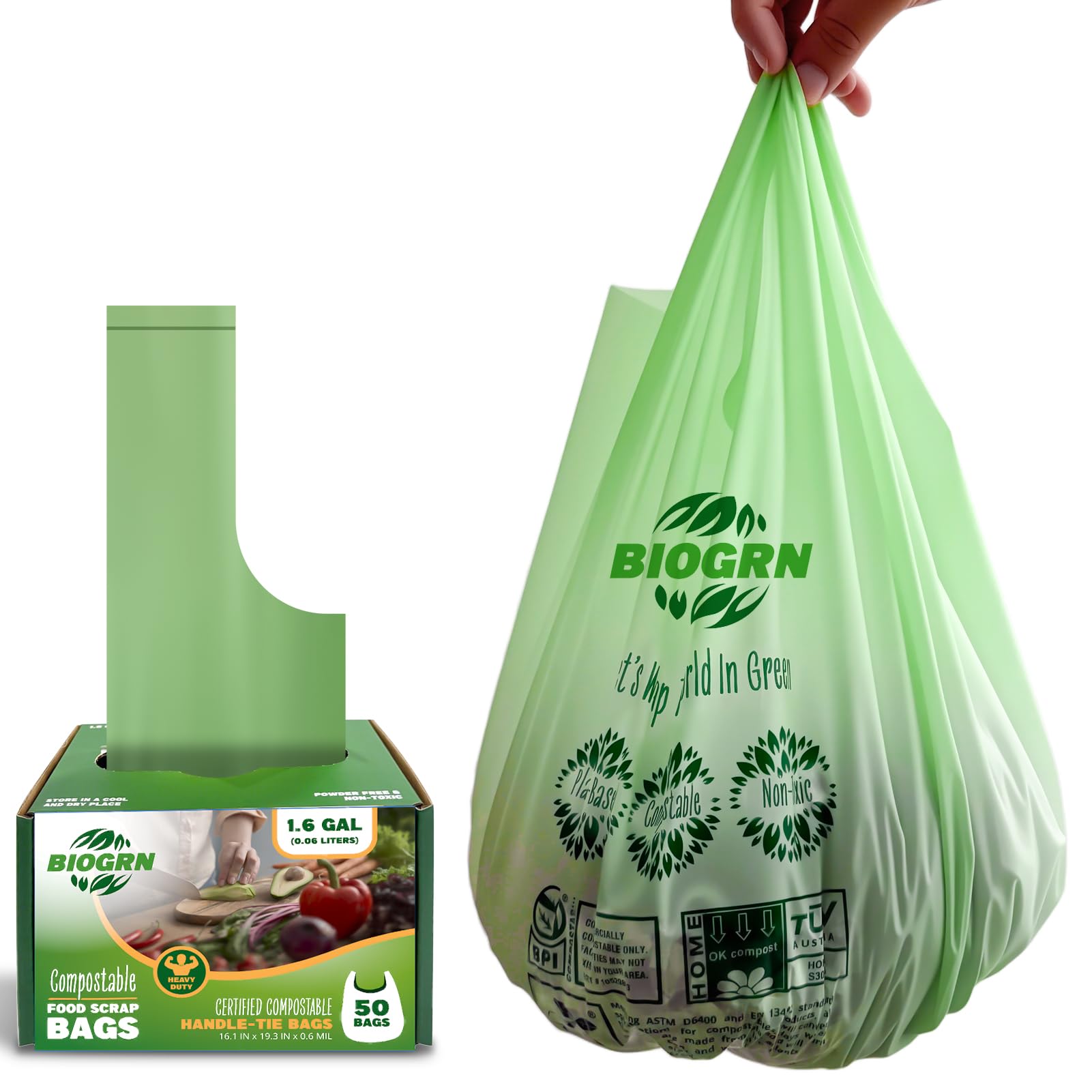 Bolsas de basura compostables de 1.6 galones con asas, 0.6 mil, 6.06 litros, 50 unidades, pequeñas bolsas de residuos de alimentos de cocina, ASTM D6400, US BPI y OK Compost Home Certified