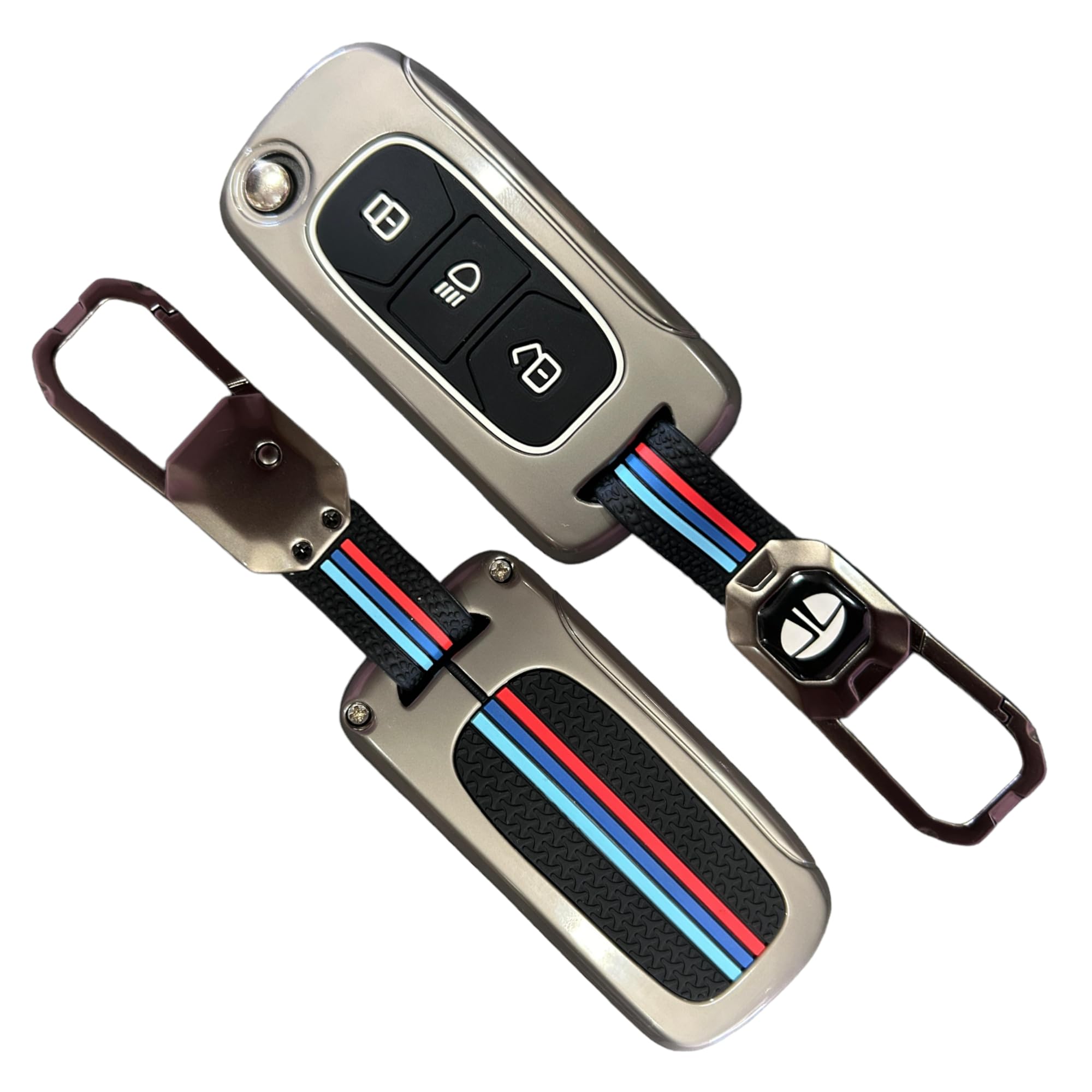 AUTODIFY™ Metal Alloy Car Key Cover & Soft Silicon Black Striped Case Holder with Keychain Compatible for TATA Nexon, Punch, Altroz, Tigor, Tiago, Harrier, Zets, Bolt, Hexa, Storme (3 Button Flip Key)