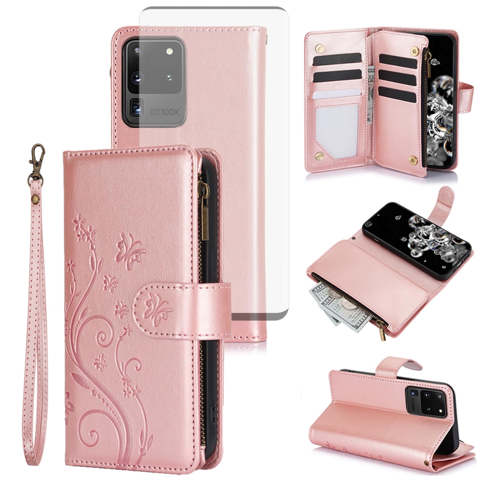 Asuwish Phone Case for Samsung Galaxy S20 Ultra 5G Wallet Cell Cover with Screen Protector Wrist Strap Flower Flip Zipper Card Holder Slot Stand