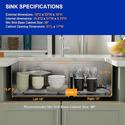 Miniatura 6 de Dcolora Fregadero de cocina de 33 pulgadas con doble tazón, estación de trabajo, fregadero de acero inoxidable calibre 16, espacioso, 6040, doble