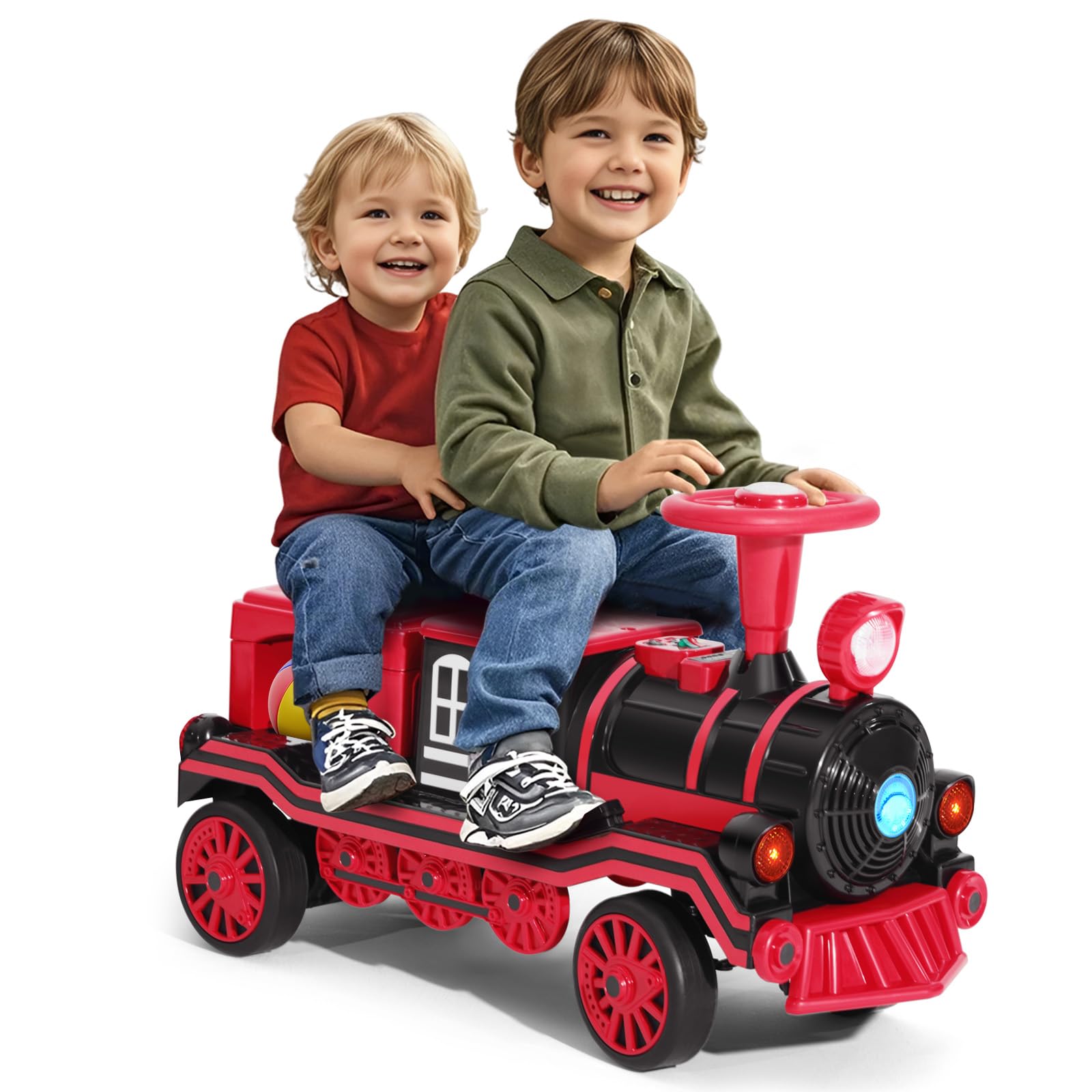 JOYLDIAS 2 Seater Ride On Train, 12V Kids Ride On Toy with Music, Train Honk, Lights, High/Low Speed and Storage, Electric Car for Kids Aged 3+, Red