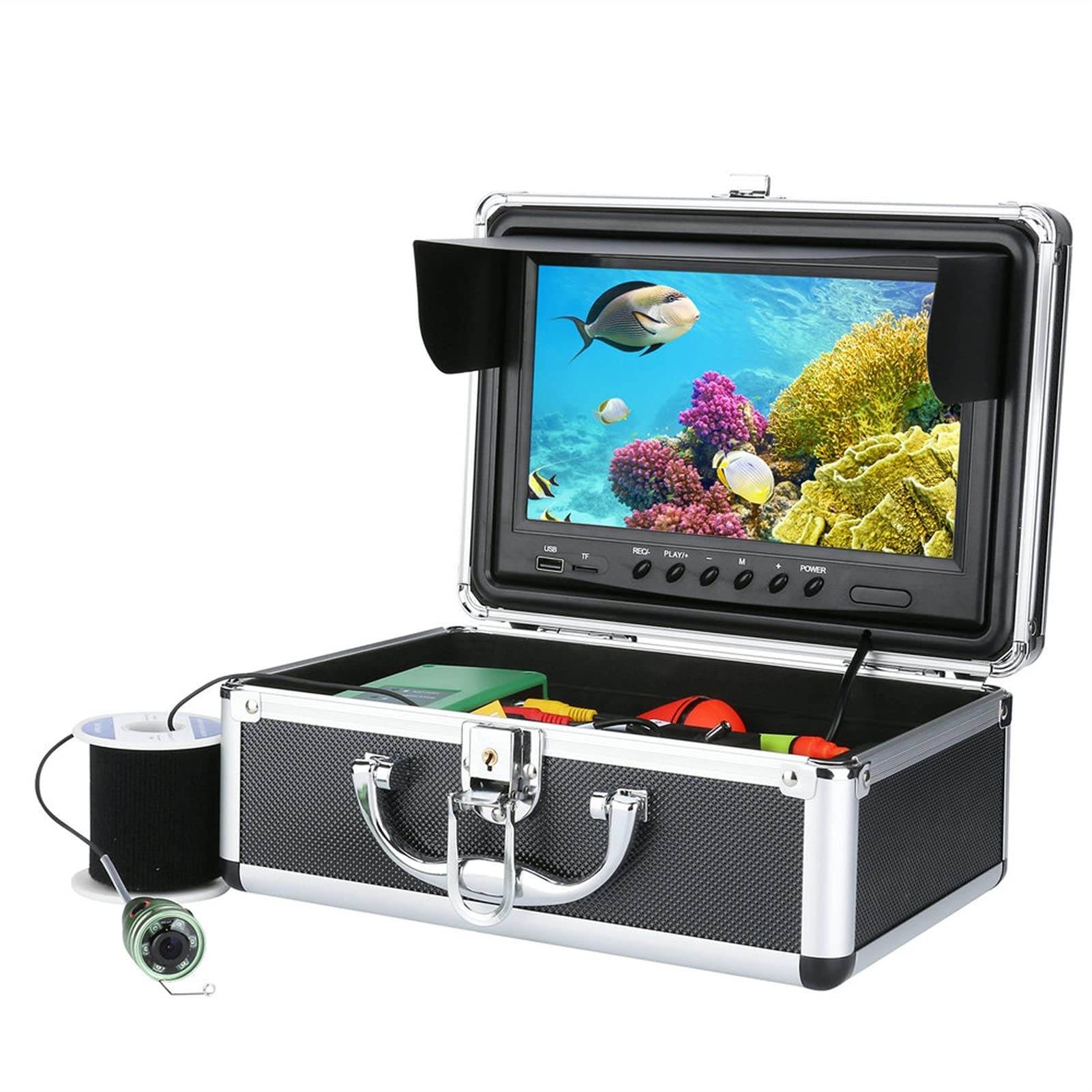 Cámara de Pesca, 9 pulgadas DVR Cámara de video de pesca bajo el agua 100 0TVL Localizador de peces HD Cámara de pesca impermeable de la grabadora con 6pcs. 1W IR LED ,Cámara de pesca submarina(White