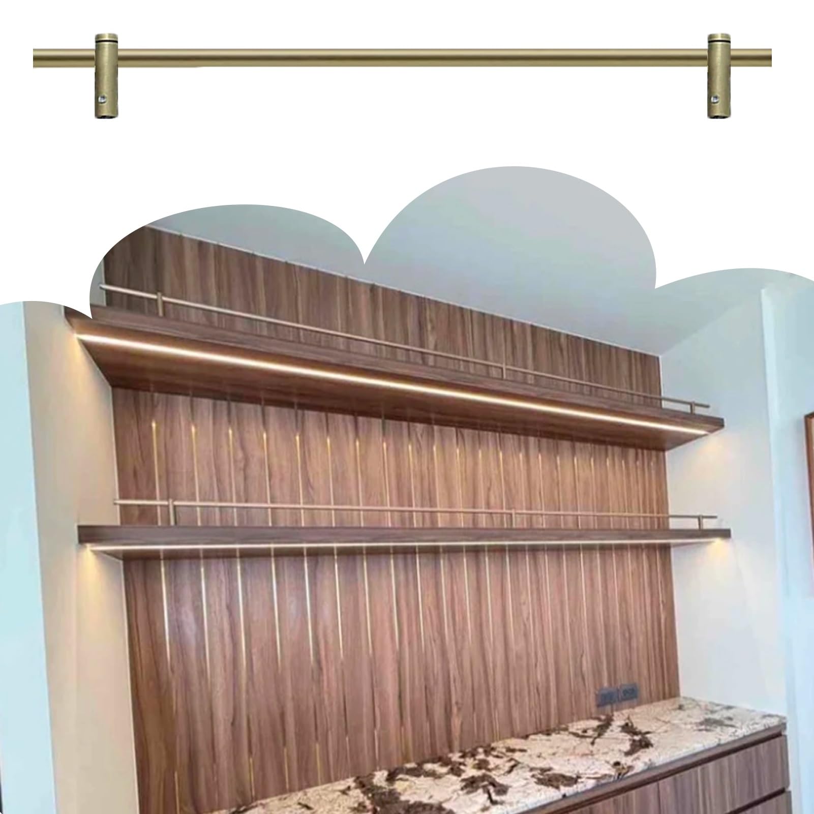 Gallery Rails for Shelves Brushed Gold, Anti-Fall Bookshelf Shelf Guard Rail with End Post, Tipping Rail Metal Gallery Rail Set for Bookshelves/Shower,(45inch/114.3cm)