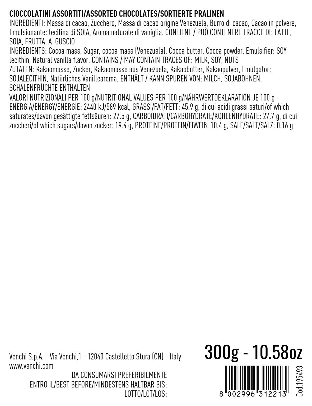 Venchi Cioccolatini Blend Assortiti in Sacchetto 300g - Cioccolato Fondente in Versioni 75%, 60%, 85%, 100% - Senza Glutine