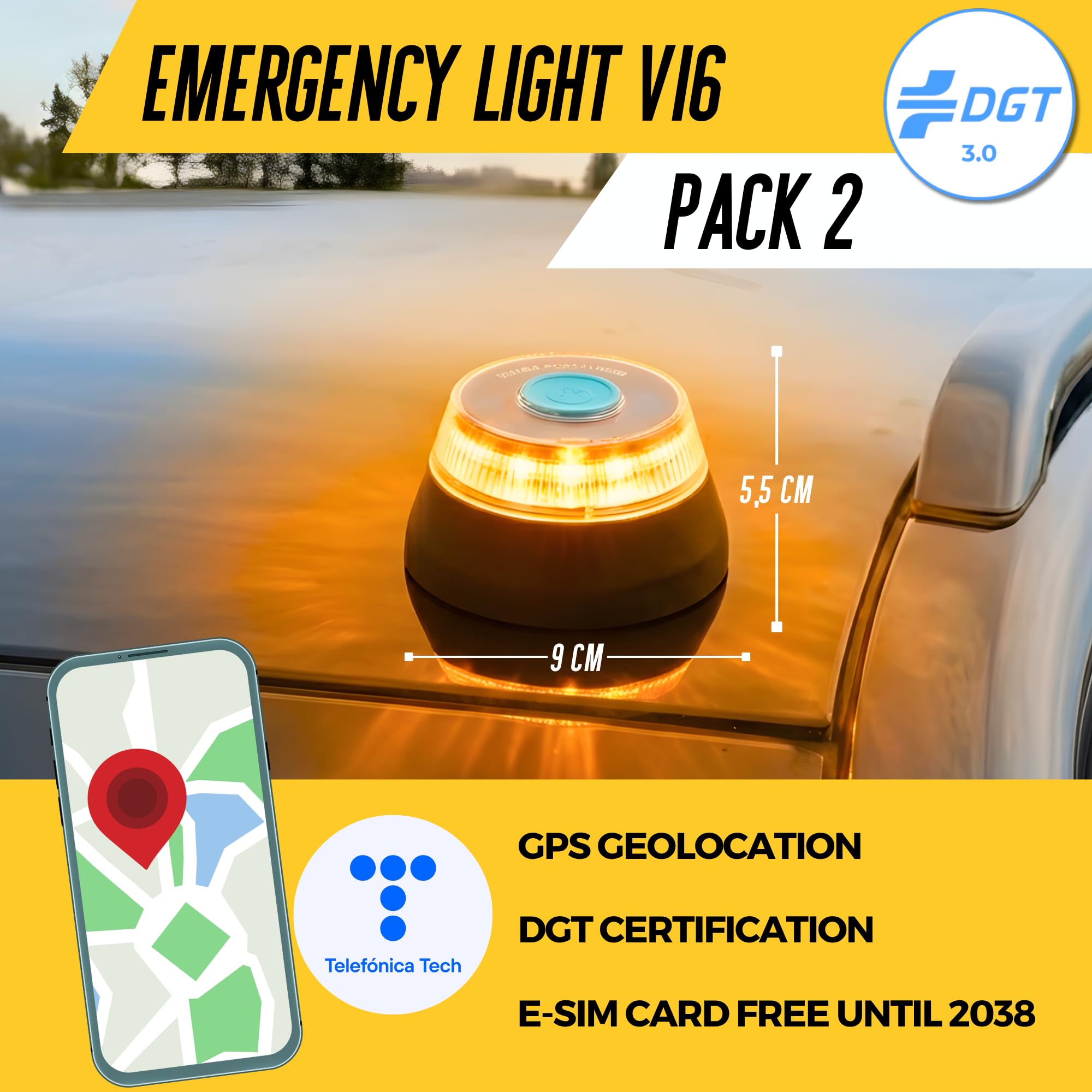MAGIC SELECT 2x Luz de Emergencia V16 DGT 3.0 Homologada con Geolocalización para Señalización en Carretera, Coche y Moto, Luz Intermitente Naranja 360º, Base Imantada, Incluye 6 Pilas AA.
