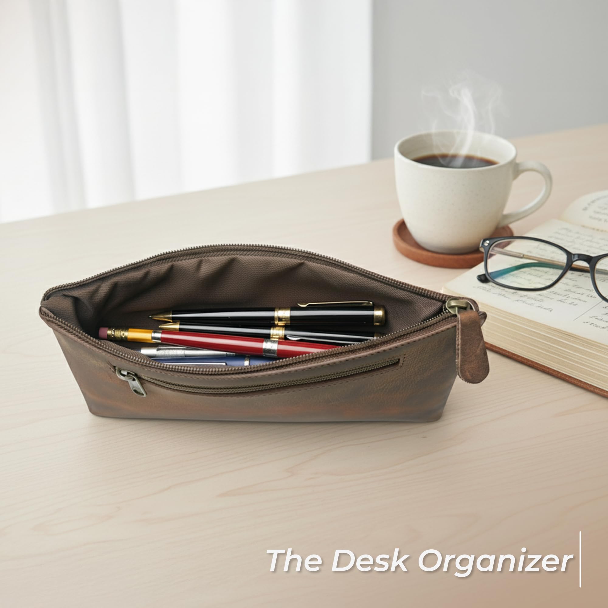 WANDERINGS Vintage Leather Pencil Pouch Case - Large 11"x6.25" / 2816 cm - Hand Crafted Functional Brown Leather Zipper Pouch - Slim Pencil Case Holder for Men and Women - Image 2