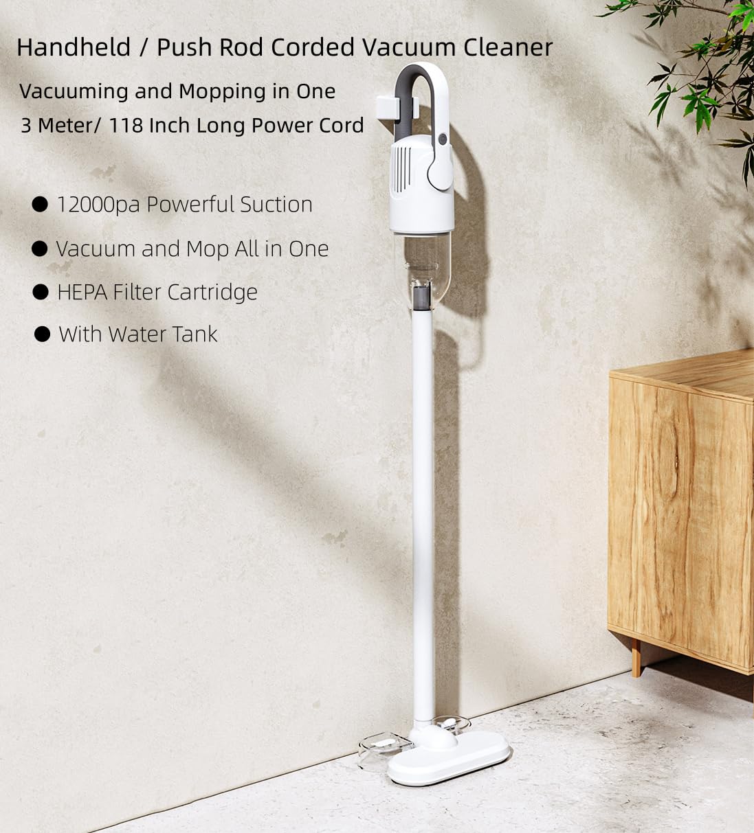 Aspirador Escoba y Fregona Todo en Uno, Aspiradoras de Agua y Polvo con Tanque de Agua, 12000Pa, Aspirador Vertical Ligero para Suelos Duros y Cerdas