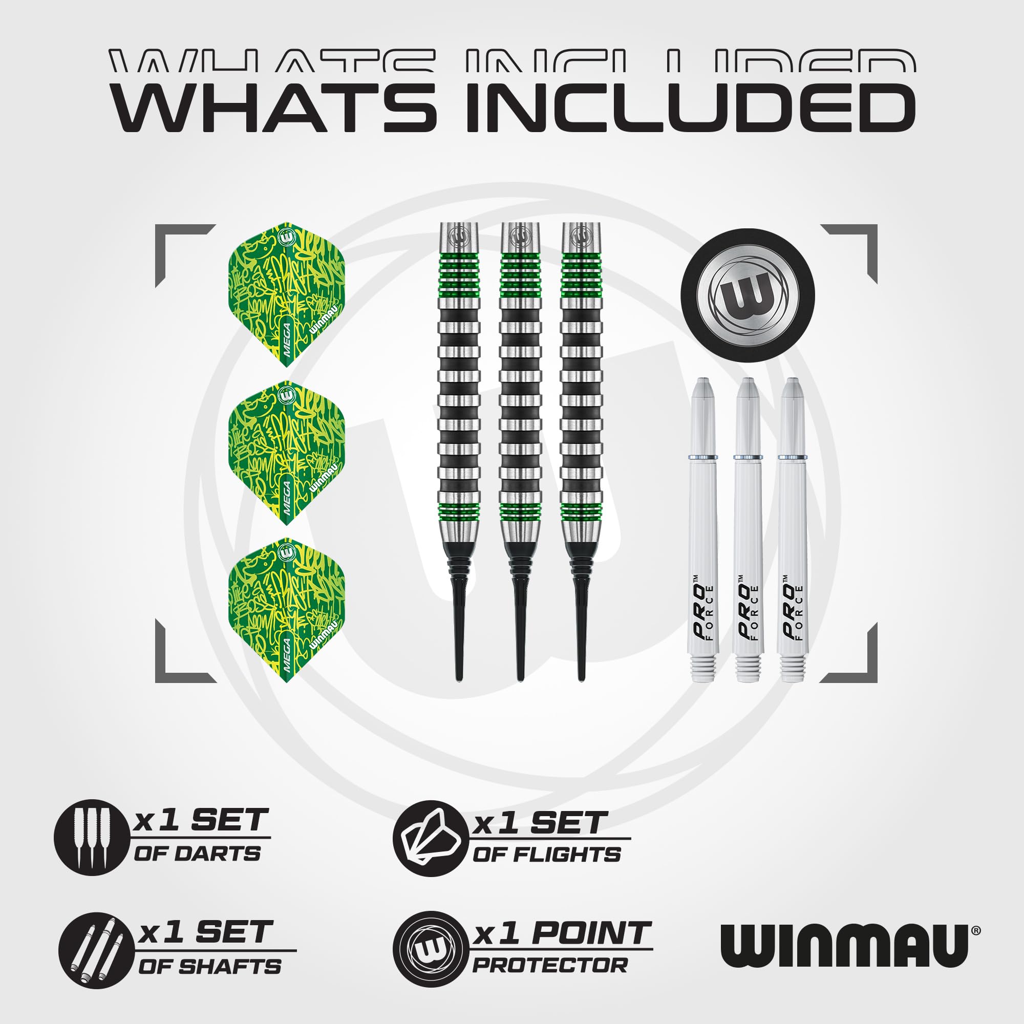 WINMAU Freccette Advance 500 Serie Verde 20g Barile / 22g Peso Totale Professionale Tungsteno Set di Freccette con Punta Morbida con voli e aste (steli)