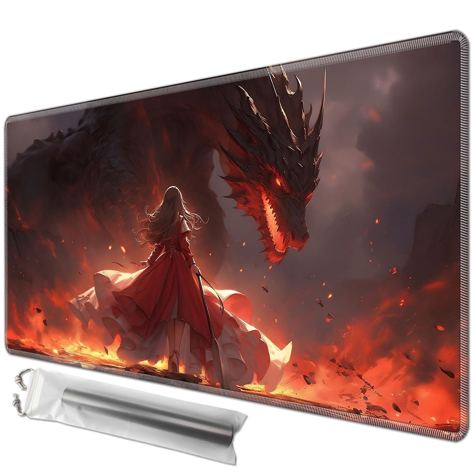 JANENFNA TCG Card Playmat 27.5" x 15.7" with Storage Bags for MTG Game Play Mats, Premium Stitched Non-Slip Rubber Tabletop Magic Play Mats Desk Duel Card Breaking Mats, Fantasy Dragon And Battlefield