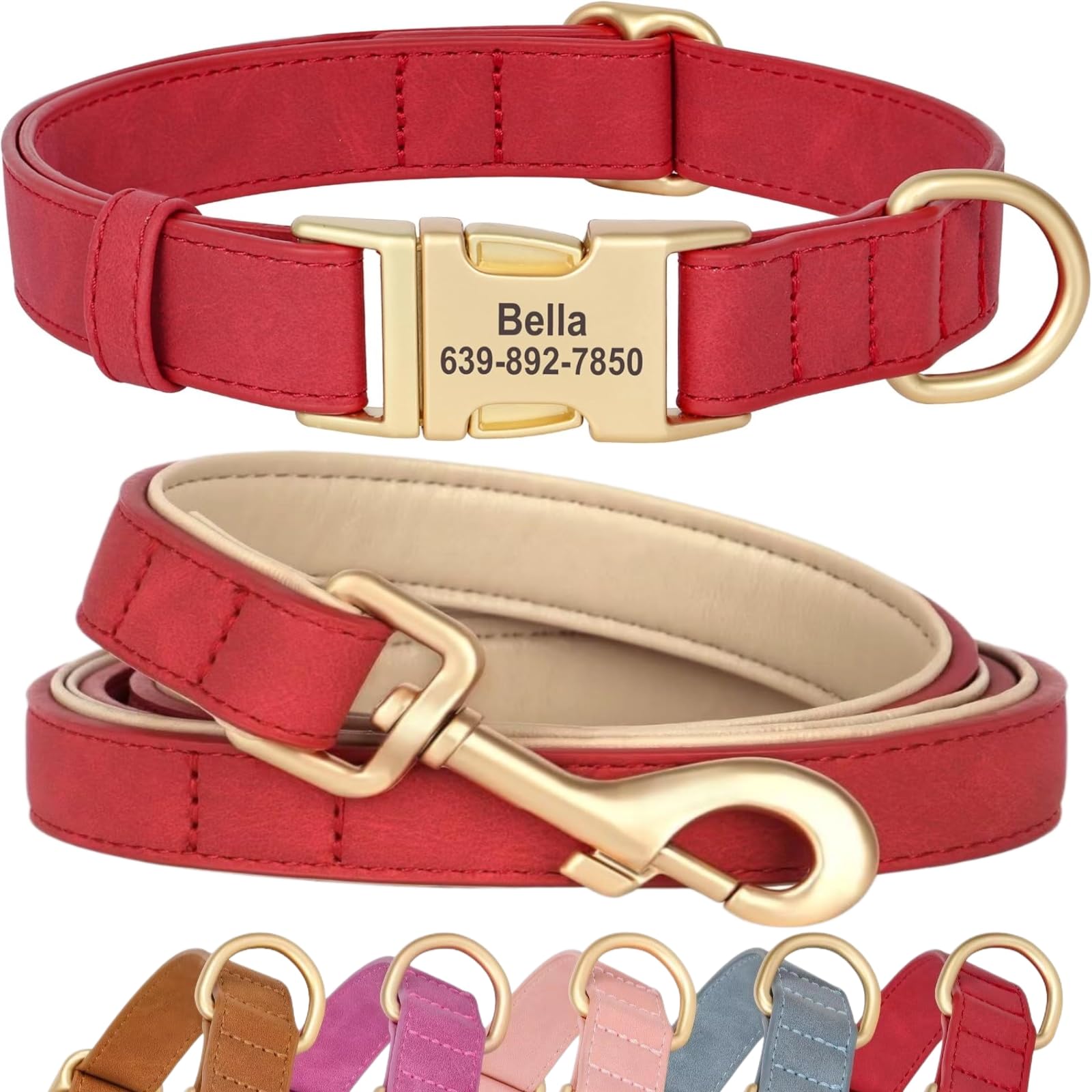 SEOUGEE Personalised Dog Collar and Lead Set, Custom Soft PU Leather Dog Collars, Adjustable & Durable Pet Collars with Quick Release Metal Buckle for Small Dogs (S, Red Set 25-35cm)