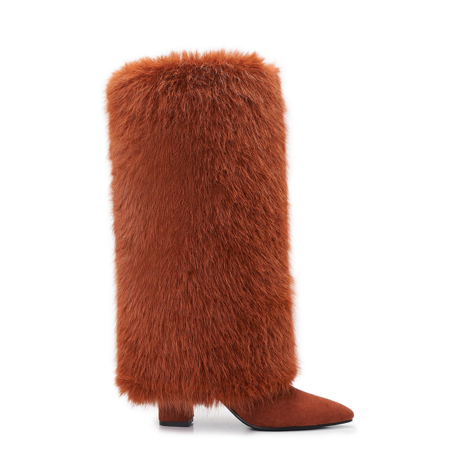 Souactimuy Women's Faux Fur Knee High Boots – Fluffy Winter Warm Fashion Boots with Pointed Toe and Chunky Block Heel