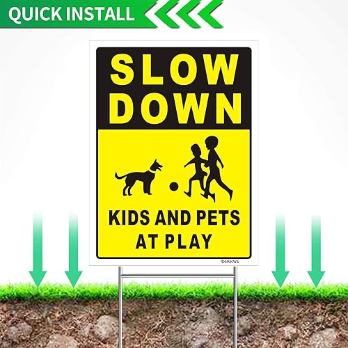 Miniatura 3 de Letrero de "Slow Down Kids and Pets at Play", letrero de patio de 12 x 9 pulgadas con estaca de metal en H, letrero de catión para niños, letrero