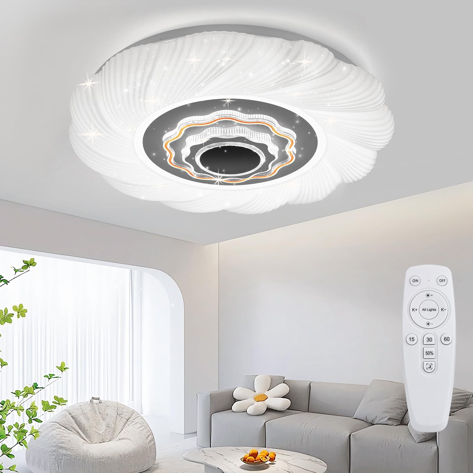 OOWOLF LED Round Ceiling Lamp, Dimmable 3000K-6500K, 40W Remote Control, Memory & Timing Function, Night Light Mode, for Indoor Living Room (White 6-3000-6500K) — image 1