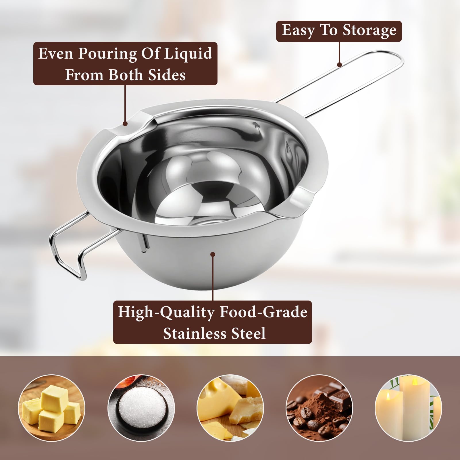 Set di 2 ciotole per sciogliere il bagnomaria, 500 ml, in acciaio inox, con 2 spatole in silicone per burro, cioccolato, formaggio, caramello, candele