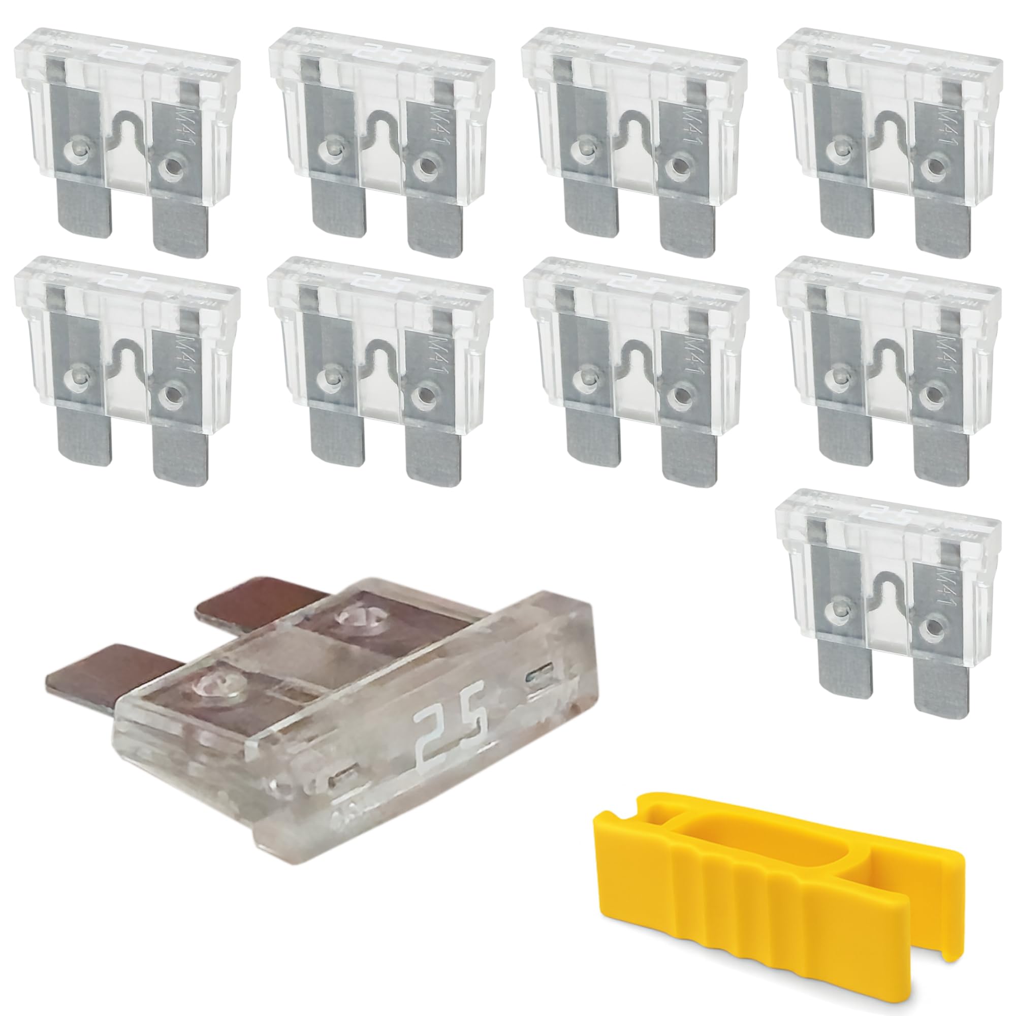 25A KFZ Sicherungen 12V 24V 32V | 10 Stück + Sicherungszieher | Stecksicherungen für Stromdieb & Sicherungshalter | 19mm Flachsicherungen - Auto, Boot, Motorrad, Wohnmobil & Roller | Ersatzsicherungen