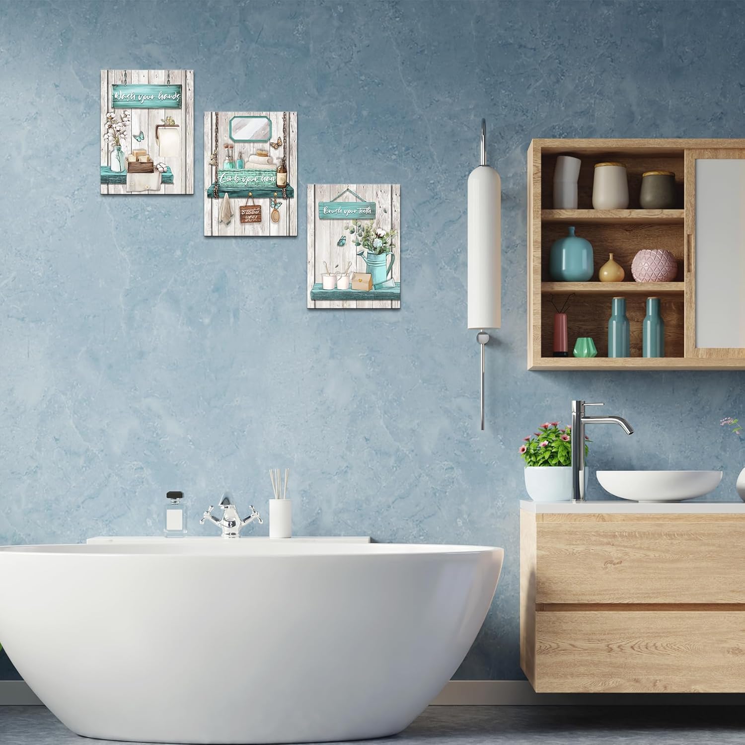 Rustic Bathroom Canvas Wall Art - Wash Hands Brush Teeth Comb Hair Bathroom Sign Framed - 12"X16"X3 Pcs