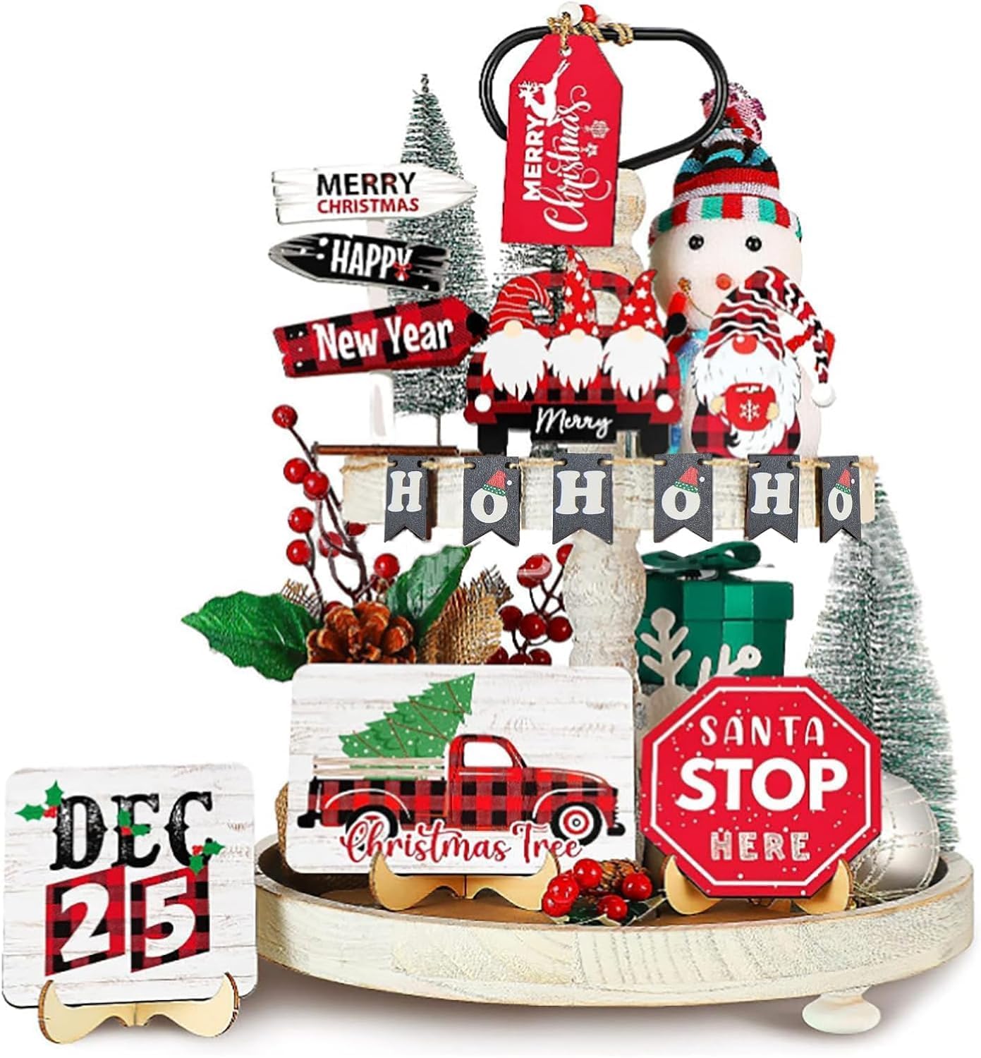 Magiin 14 Piezas Gnomo Set Bandeja de Navidad Decoración Set Papá Noel Camión Señal de Madera Invierno Navidad Mesa de Madera Logotipo Gnomo Accesorios Navidad Regalo de Año Nuevo