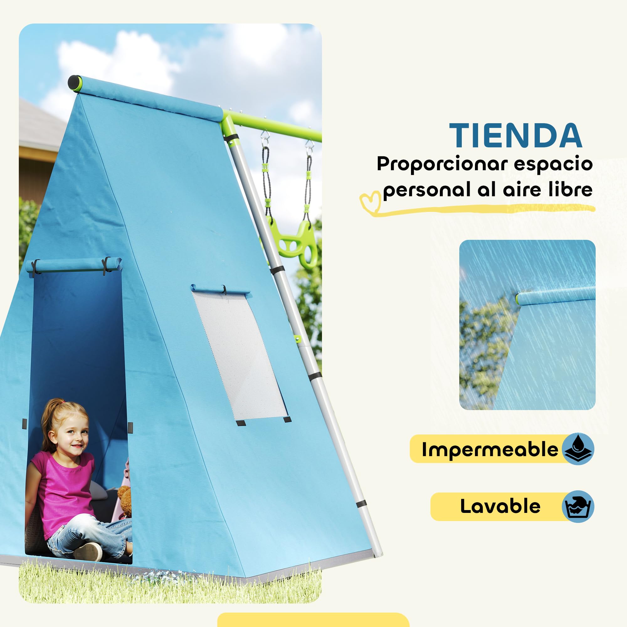 AIYAPLAY - Columpio para niños (3 años, 3 en 1, columpio de jardín, con tienda de columpio, anillos de gimnasia y marco de metal, color verde