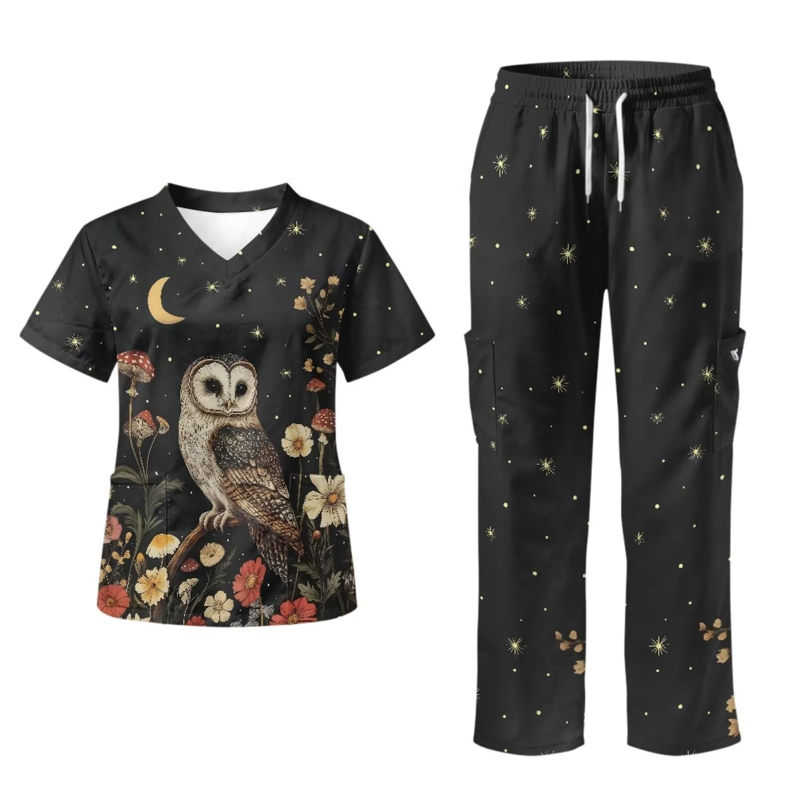 Blouse médicale pour femme avec joli imprimé infroissable et pantalon large avec 6 poches pour soins de santé