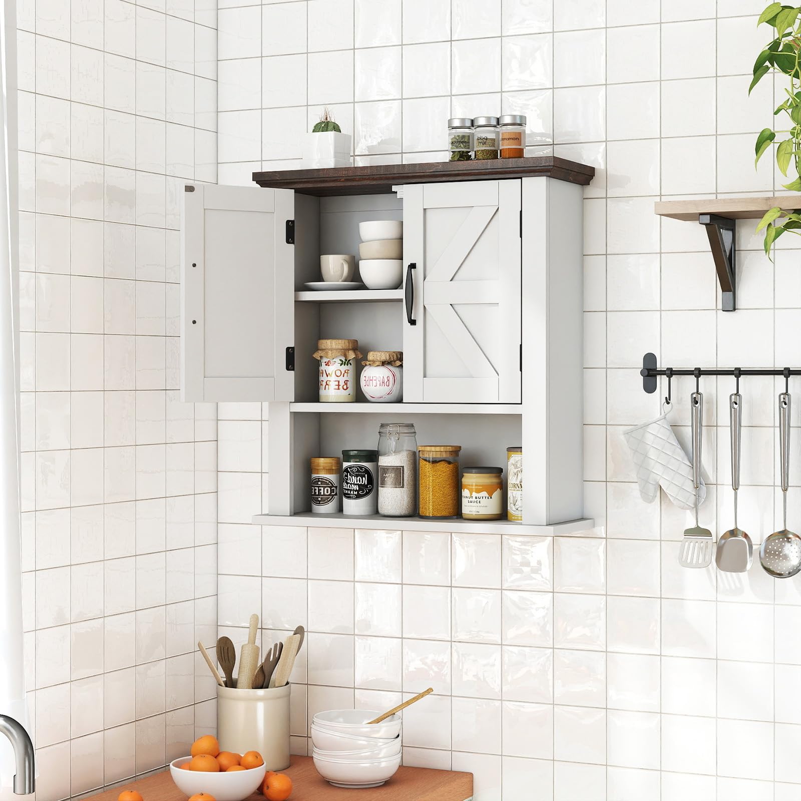 COSTWAY Armoire Murale Salle de Bain, Meuble WC Suspendu avec 2 Portes, Étagère Réglable, Compartiment Ouvert, Style Ferme, Placard de Rangement pour Toilette, Salon, 55 x 19 x 60 cm (Blanc)