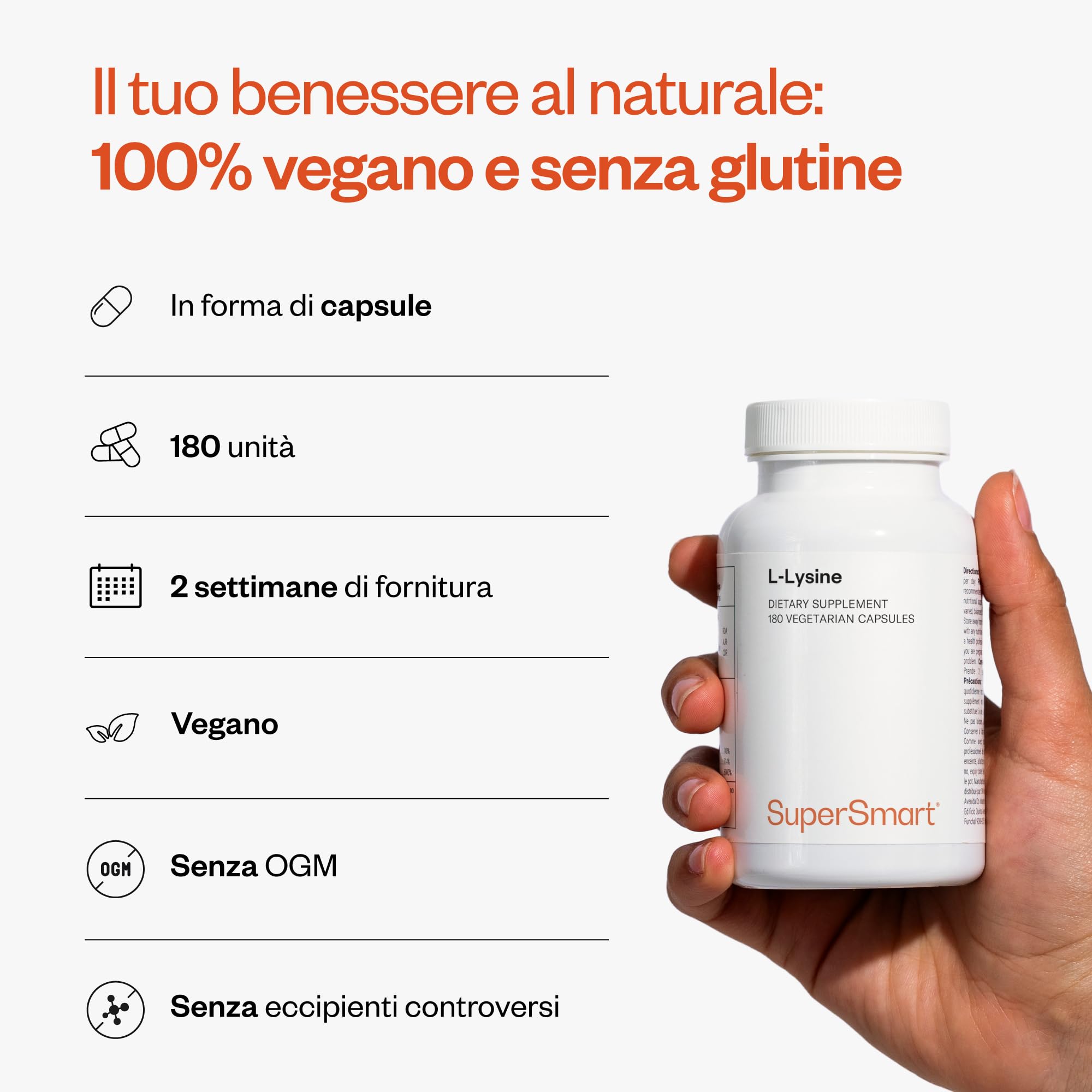 L-Lisina - Amminoacido Essenziale - Per il Supporto Muscolare e la Produzione di Collagene - 180 Capsule Vegetali - Vegan - SuperSmart