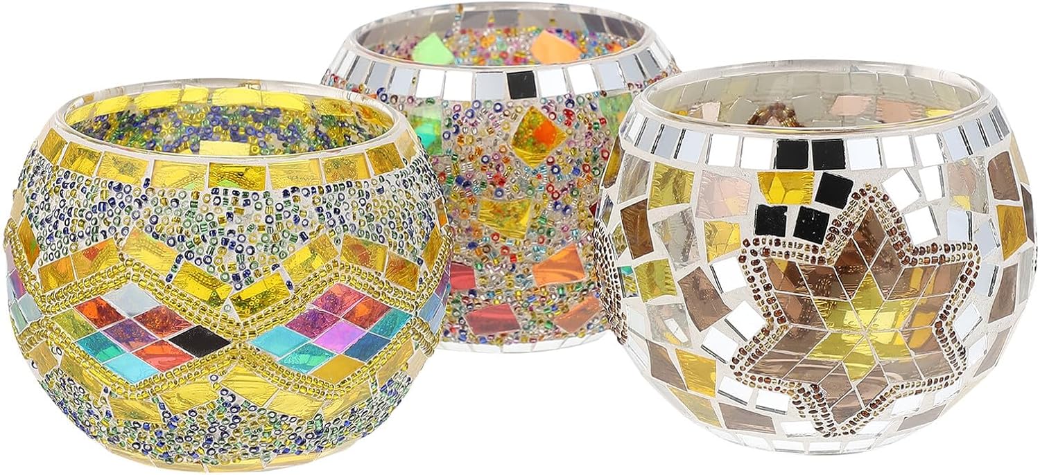 3pcs European Mosaic Glass Candlesticks Set with Flowing Wave, Gold Snowflake, and Romantic Flags Designs for Dining Table Decor and Romantic Candlelight Dinner Home Ornament