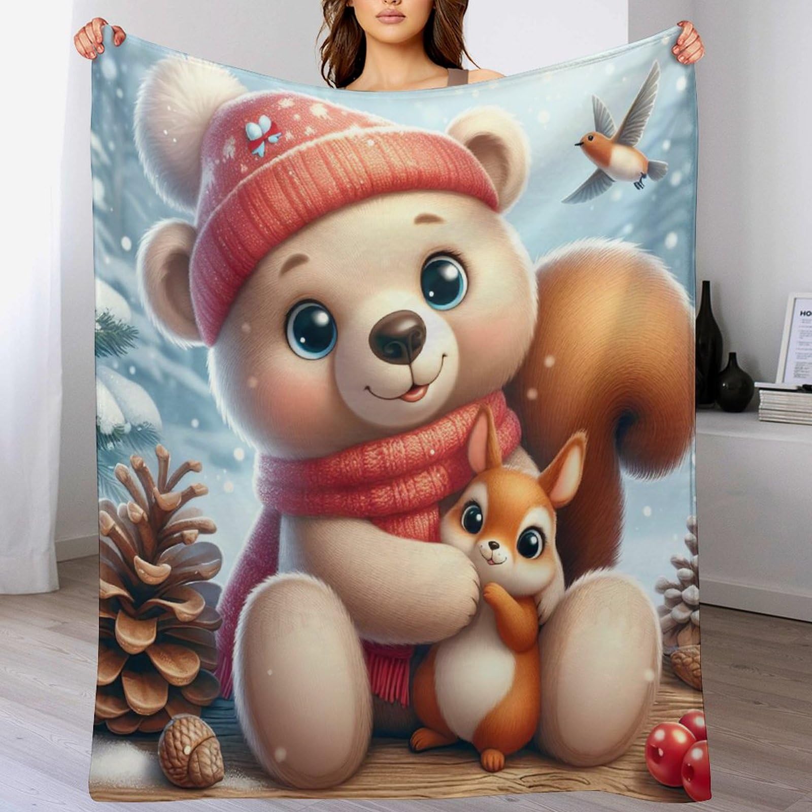 Couverture flanelle ours au toucher peluche ultra moelleux pour lit et sofa