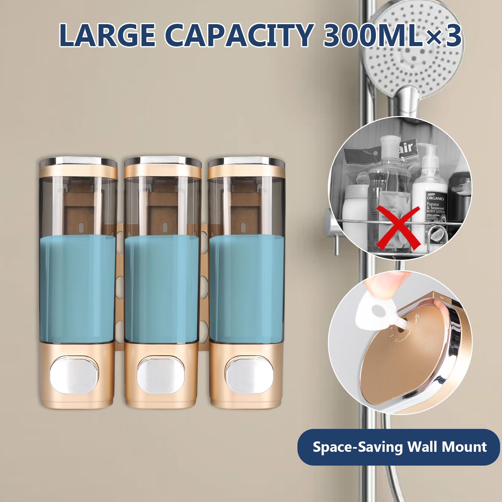 FWUNYVN 3in1 Shampoo Dispenser For Shower,Bathroom Wall Mounted Shower Pump