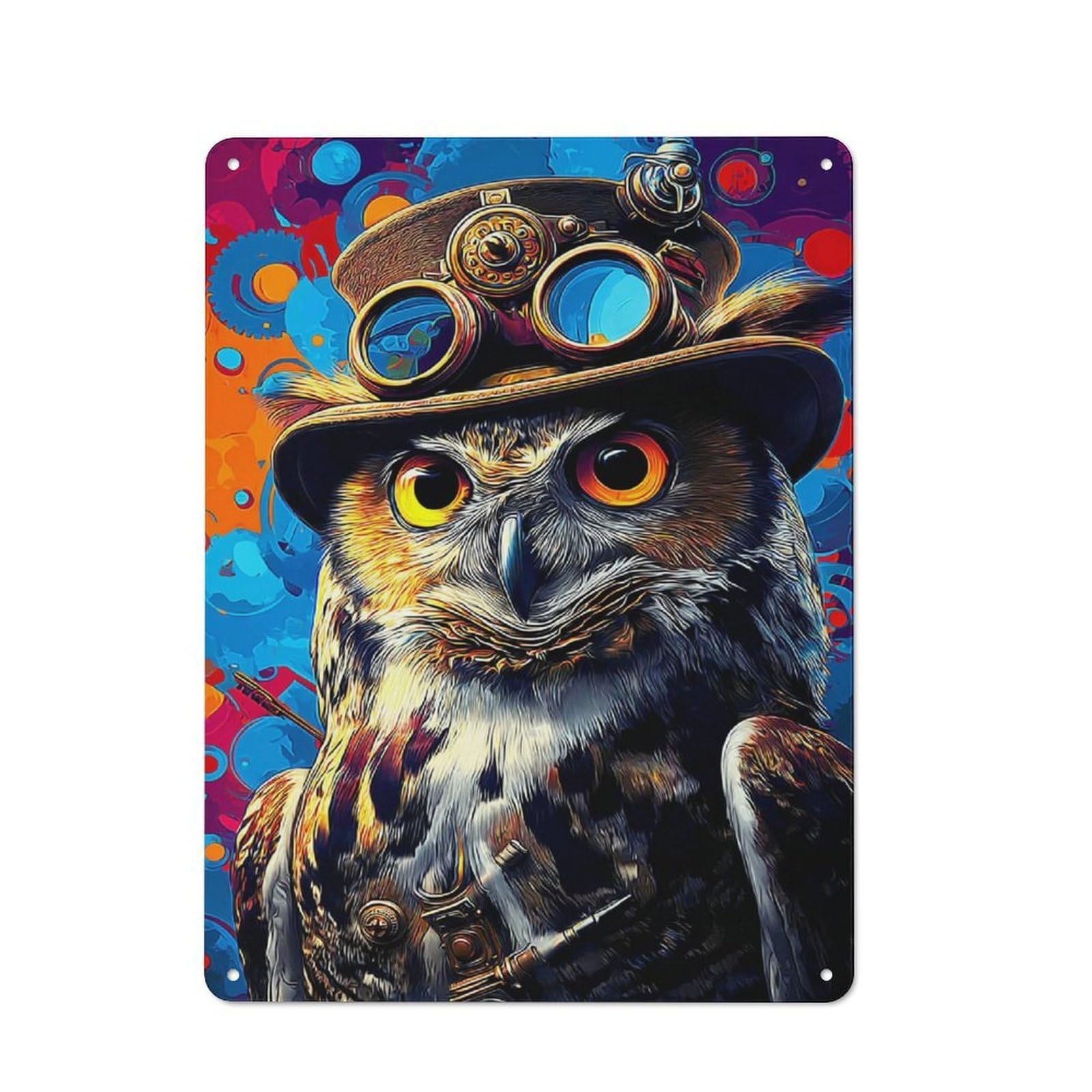 Junmoney Steampunk Owl Artwork-4 Rustic Metal Wall Sign 40X30cm For Kitchen Or Home Bar, For Garage, Workshop And Man Cave Decoration