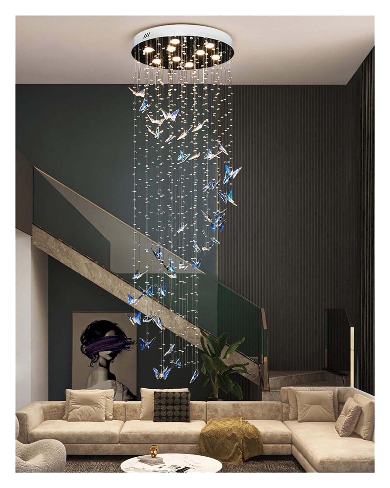 PCXEHUYP Crystal Butterfly Hall Staircase Villa Luxury Chandelier Indoor Decorative Light,Pendant Light