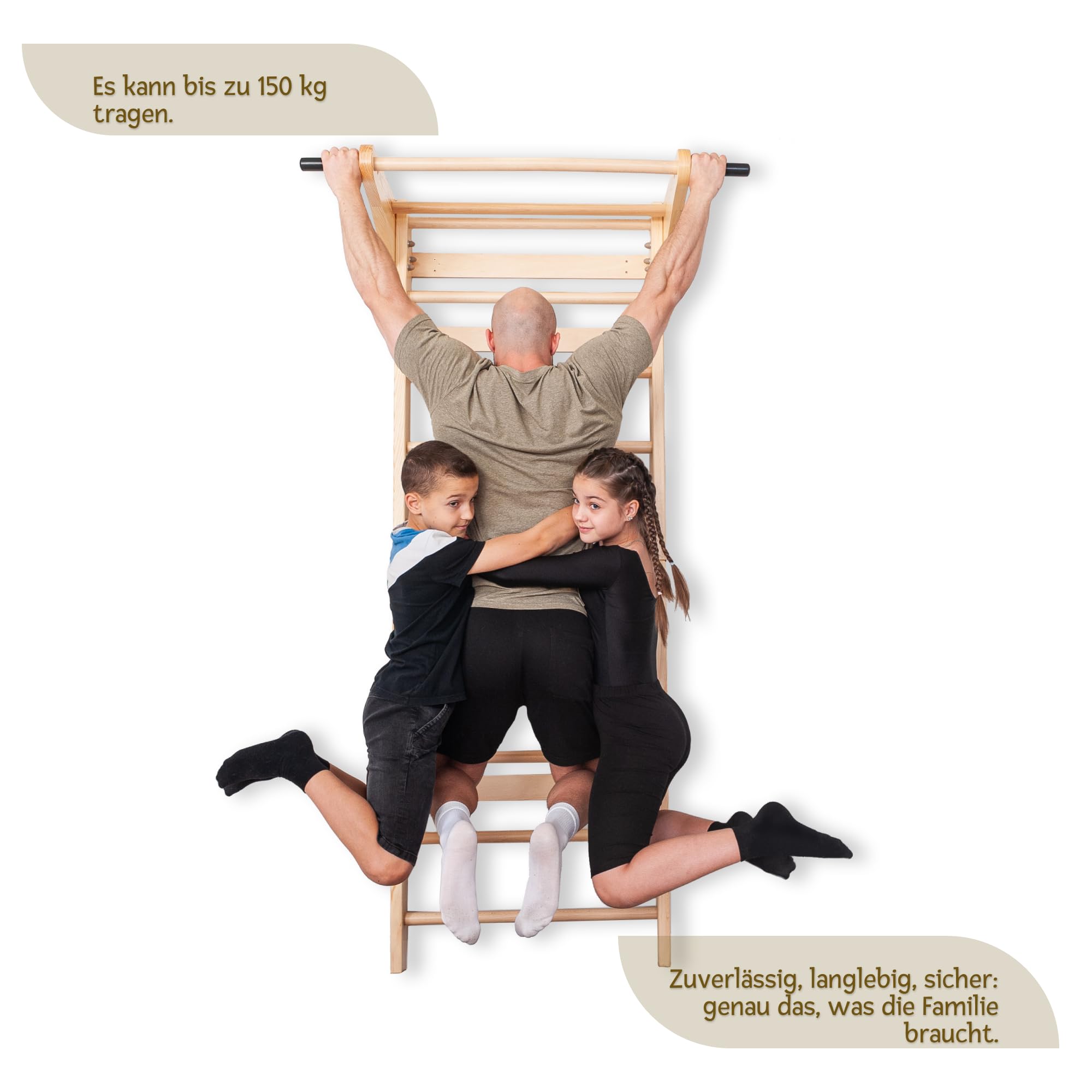Sprossenwand Holz mit Rutsche & Schaukel - Indoor Klettergerüst für Kinder & Erwachsene - Turnwand mit Kletterbrett & Zubehör - Massiv bis 150kg (Beige)