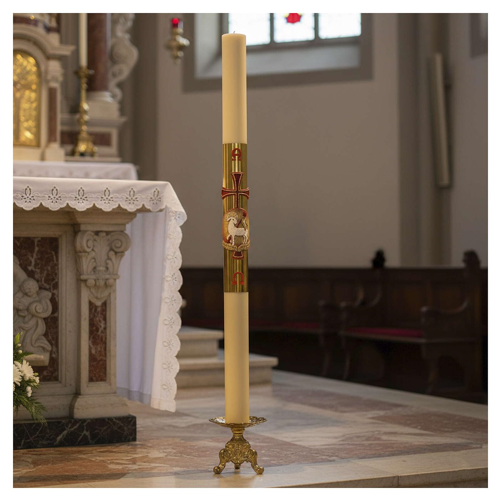 Holyart Altar- und Osterkerzen, Dauerkerzen: Osterkerze Bienenwachs mit EINLAGE Agnus Dei goldenen Hintergrund 8x120cm