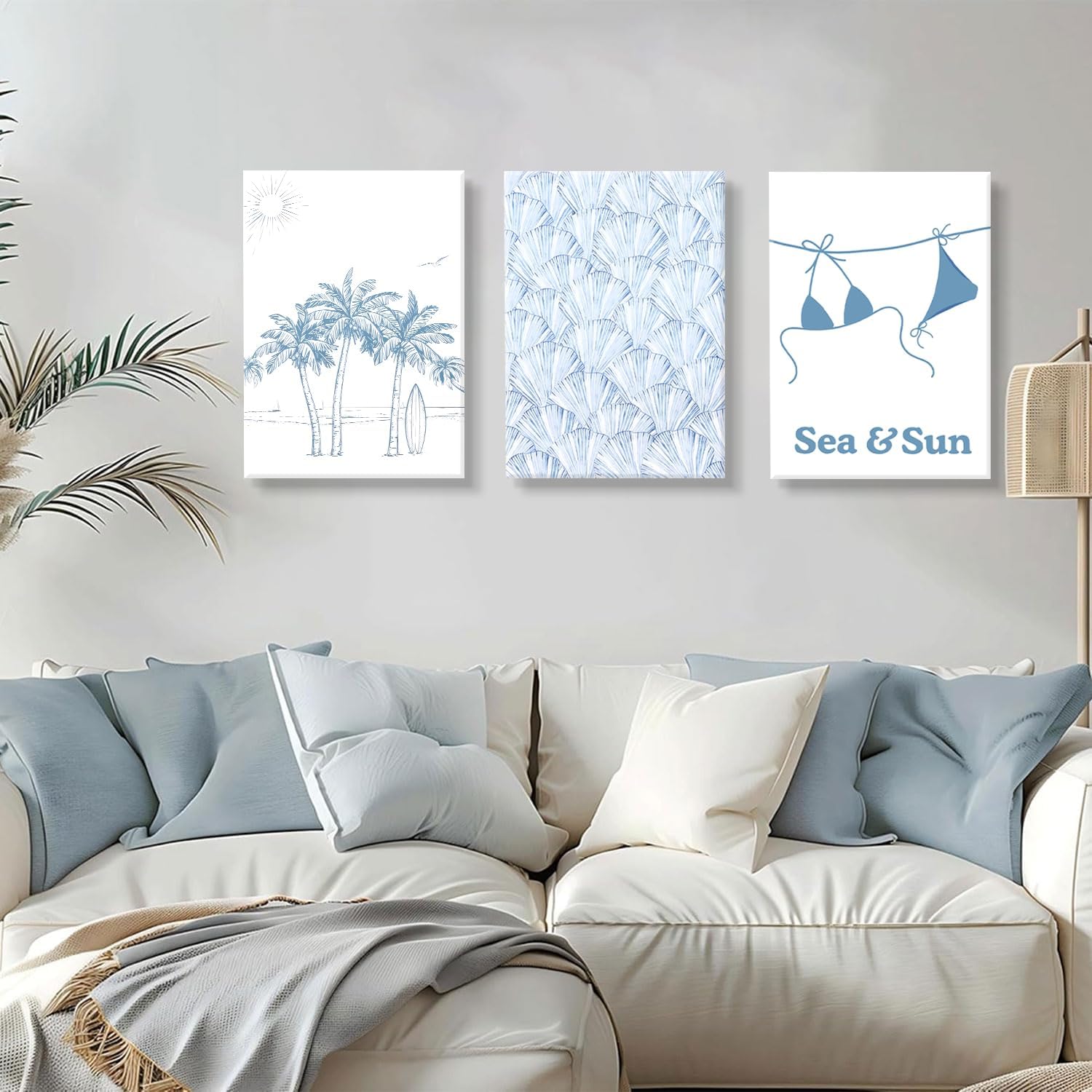 3 Pcs Blue Beach Bikini Shell Wall Art Preppy Coastal Wall Art Trendy Swimwear Beach Aesthetic Painting Pictures Wall Decor Coastal Granddaughter Blue Room Decor for Girls Dormitory 16x24in Canvas