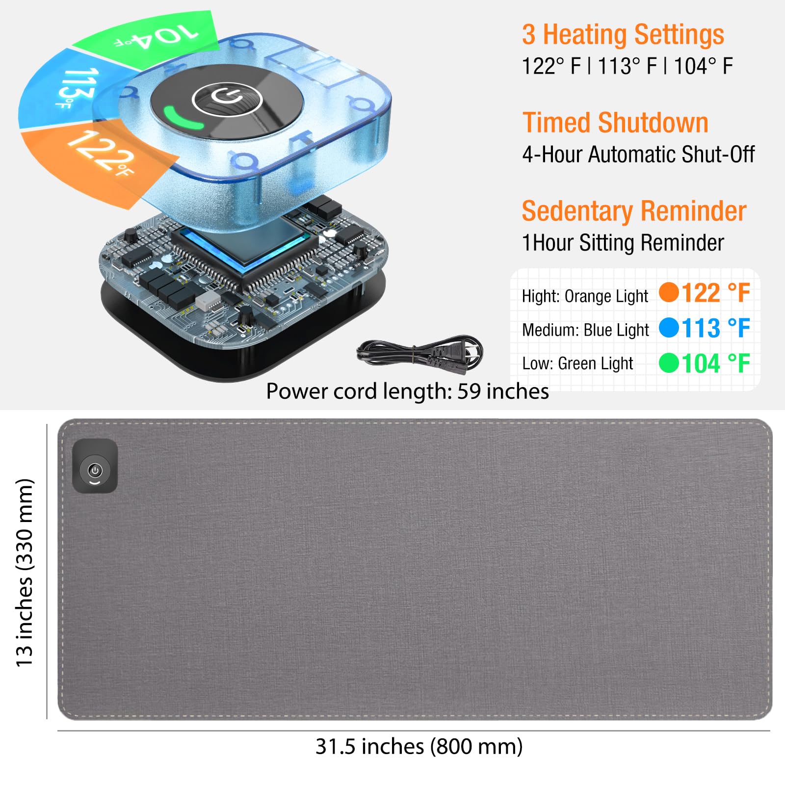 Onlytop Sous-main chauffant et tapis de souris – Température réglable et arrêt automatique, grand sous-main de bureau chaud en cuir imperméable avec base antidérapante pour une utilisation au bureau