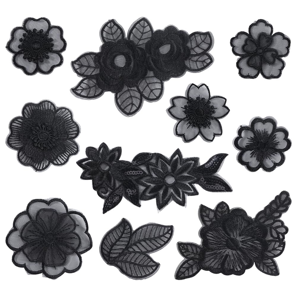 Patchs Brodés 3D Fleurs Et Feuilles - Lot De 4, Dentelle à Coudre - Pour Robe, Mariée, Couture DIY - Noir