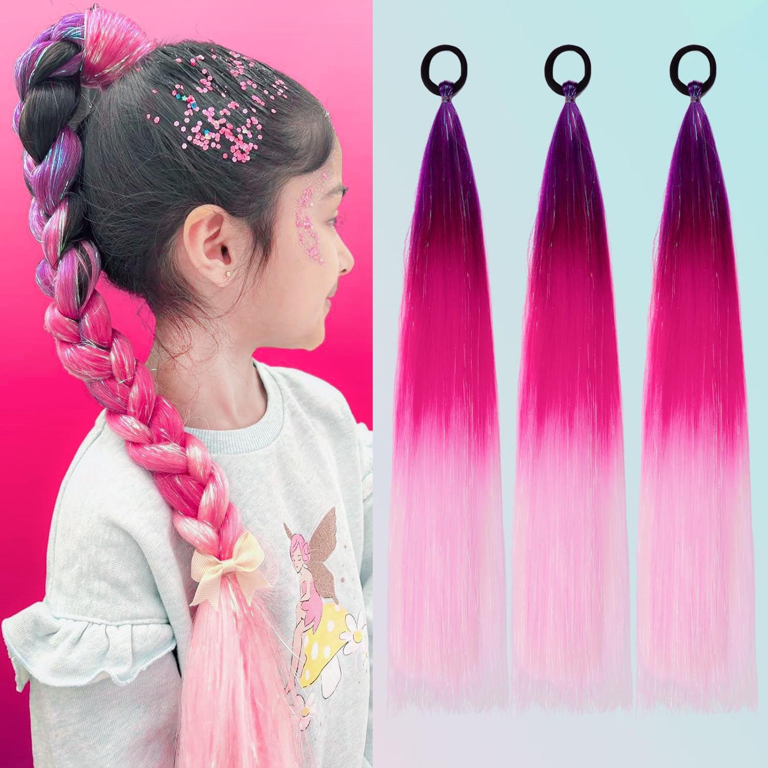 PORSMEER 3 Pcs Rainbow Hair Extensions With Elastic Tie,3 Tone Mermaid Hair for Braiding Crochet,Synthetic Braided Ponytail Extension for Women,Glitter Hair for Festival/Party(Purple/Red/Pink) - Image 4