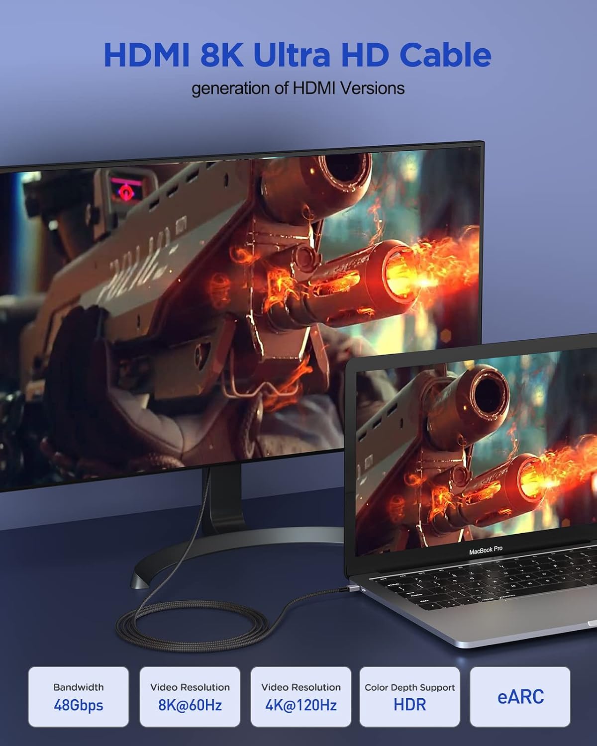Atvoiti 8K 4K HDMI 2.1 Cable 10ft, Certified 48Gbps Ultra High Speed Braided HDMI Cable Support 10K 8K@60Hz 4K@120Hz eARC HDCP 2.2&2.3 Dynamic HDR Dolby Atmos Compatible with PS5 HDTV Monitor